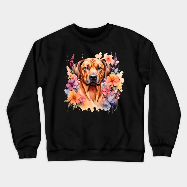 A rhodesian ridgeback decorated with beautiful watercolor flowers Crewneck Sweatshirt by CreativeSparkzz